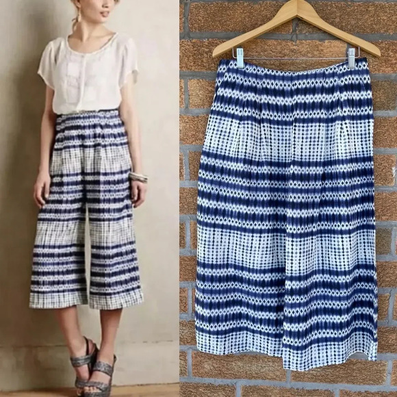 Anthropologie Corey Lynn Calter Blue Linen Wide Cropped Nalu Pants size 10 - Picture 1 of 12